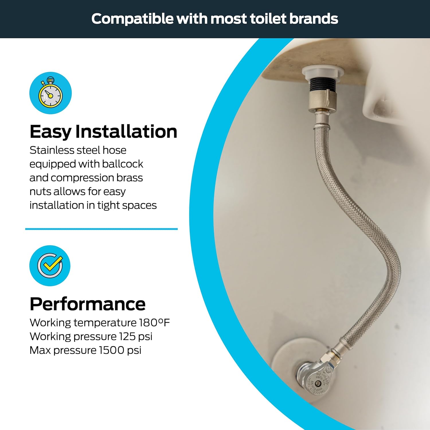Eastman 20 Inch Flexible Toilet Connector, Stainless Steel Braided Hose with 7/8 Inch Ballcock Nuts, 3/8 Inch Compression, 48090