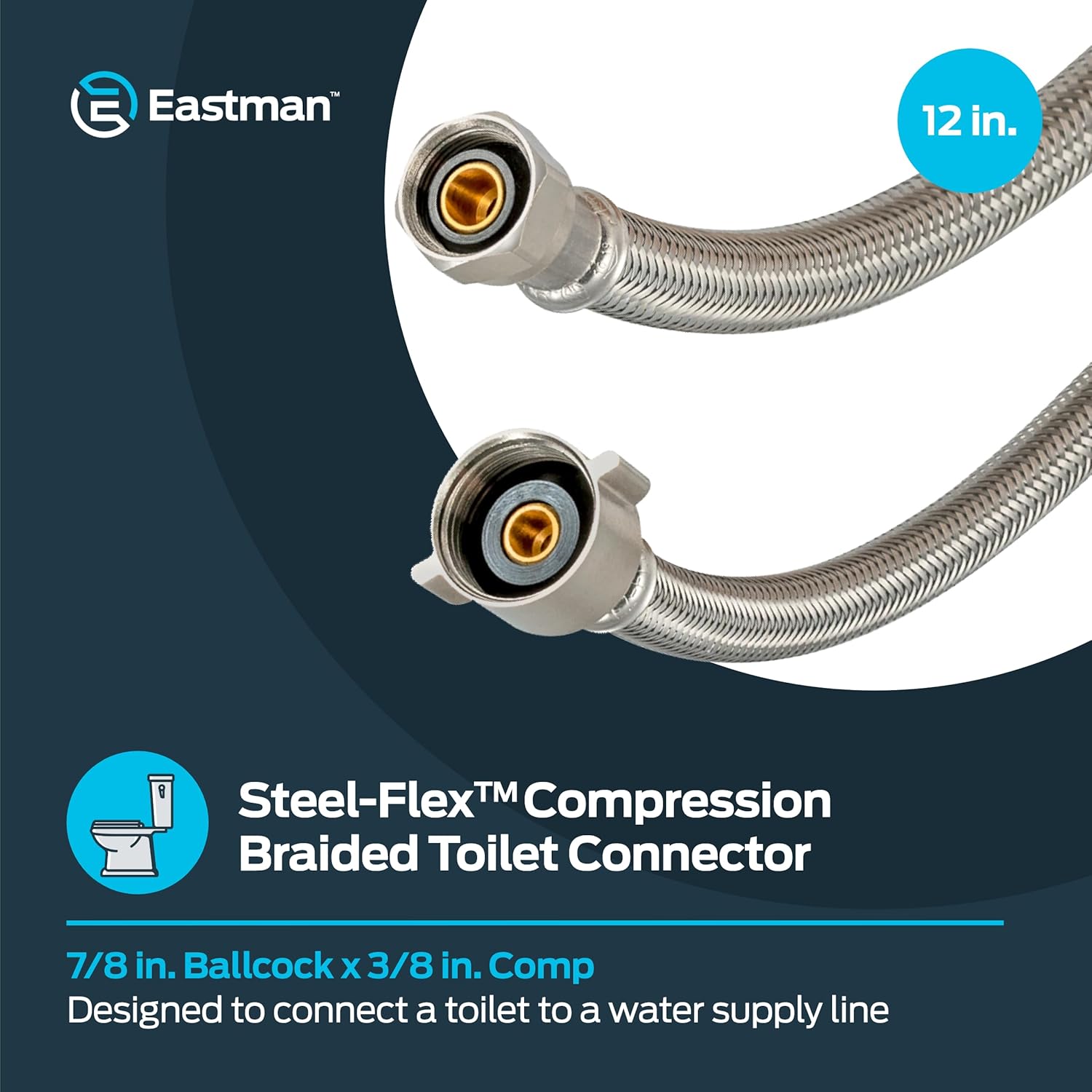 Eastman 20 Inch Flexible Toilet Connector, Stainless Steel Braided Hose with 7/8 Inch Ballcock Nuts, 3/8 Inch Compression, 48090