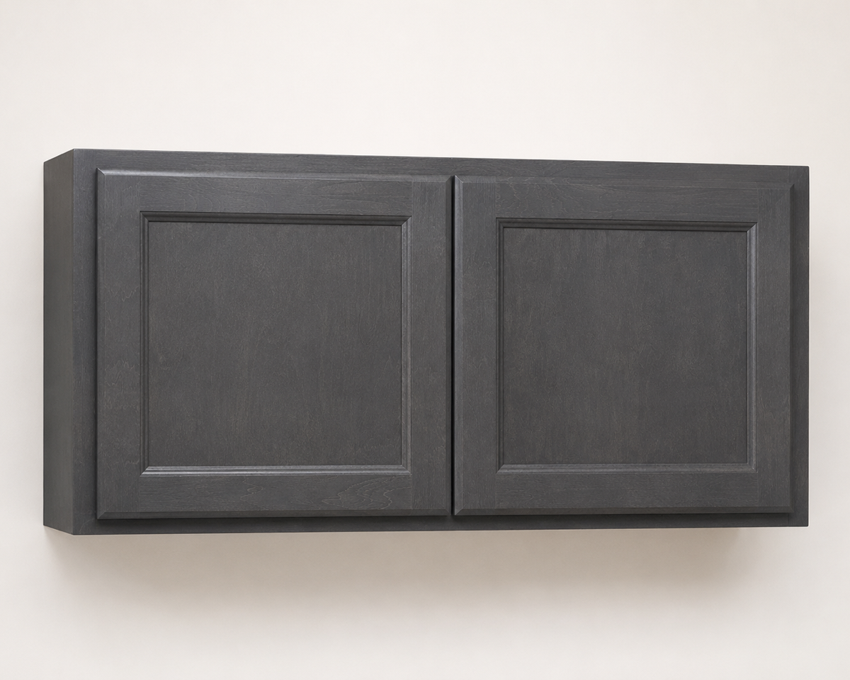 Dark gray wall-mounted cabinet with two doors on a white background