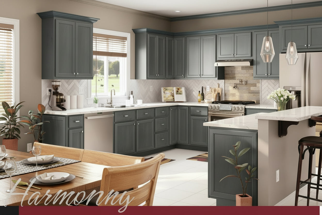Modern kitchen with wooden cabinets and stainless steel appliances, featuring the brand 'Harmony'.